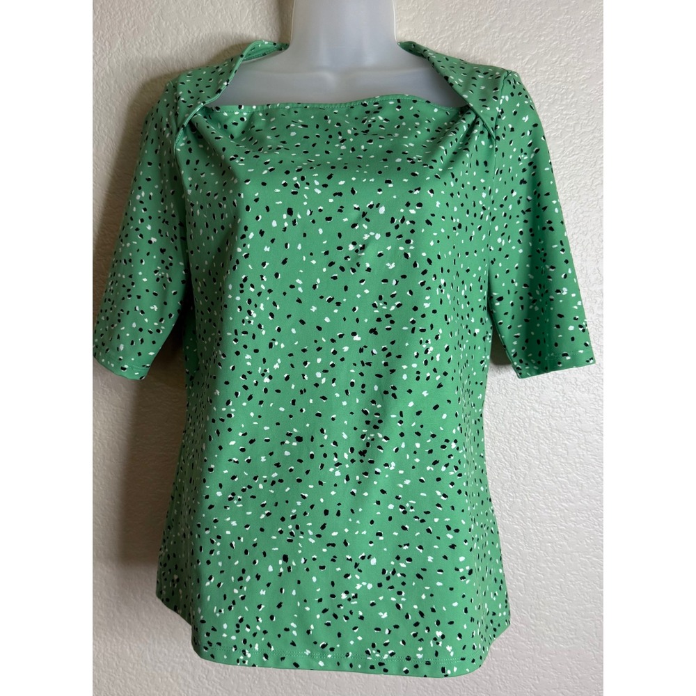 Ann Taylor Women M Blouse Green Abstract Splatter Print Square Neck Short Sleeve
